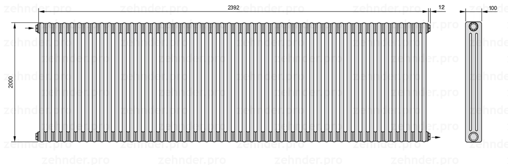 Схема (чертеж) Радиатор Zehnder Charleston 3200/52 №1670 Белый глянцевый RAL 9016